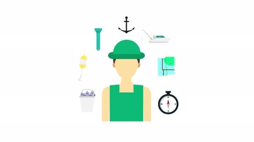 Flat Design Animated Fisherman with Fishing Gear Icons