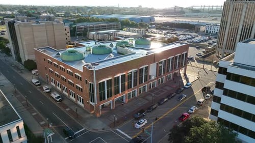 Newport News Circuit Court building. Aerial view during sunrise in Newport News, Virginia downtown.