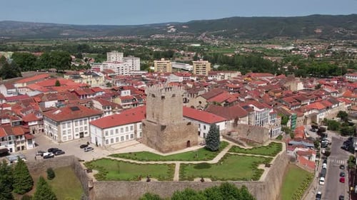 Aerial approaching the keep of Castle of Chaves, Portugal