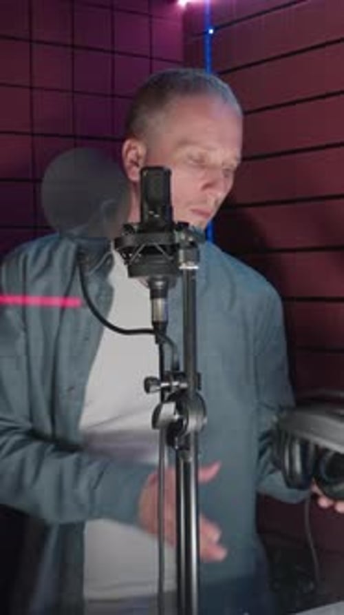 Man Puts on Headphones in Recording Studio