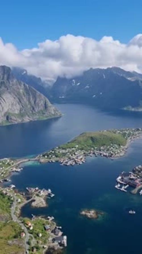 Breathtaking Aerial View of Norwegian Islands and Coastal Villages in Summer Reine Lofoten Norway