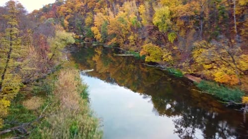 Autumn aerial above river with colorful riverbanks