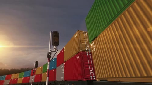 Cargo transport import export containers on cargo train wagons loop