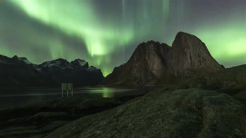 Time lapse of the coastline and aurora borealis over Hamnøy, Lofoten