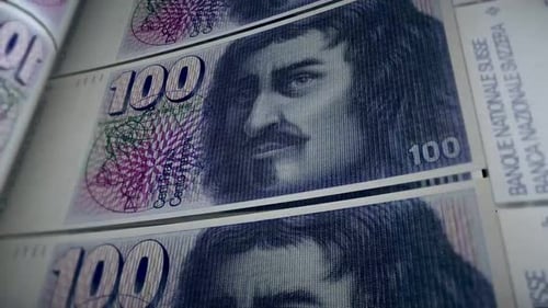Seamless Loop of Swiss Franc 100 Banknotes Printing