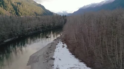 River Mountains and Forest in Canadian Nature Landscape Background