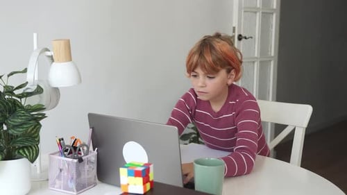 Primary Middle School Redhead Caucasian Student Child Girl Study Use Laptop Distance Learning Online