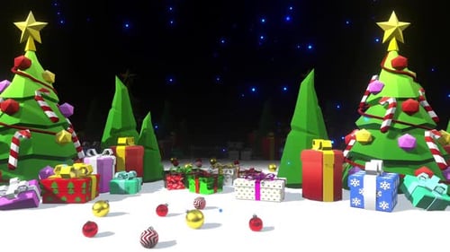 Animated Low Poly Christmas Scene with Gifts and Starry Sky