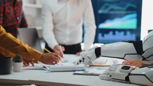 Business Meeting with Robot in Modern Workplace