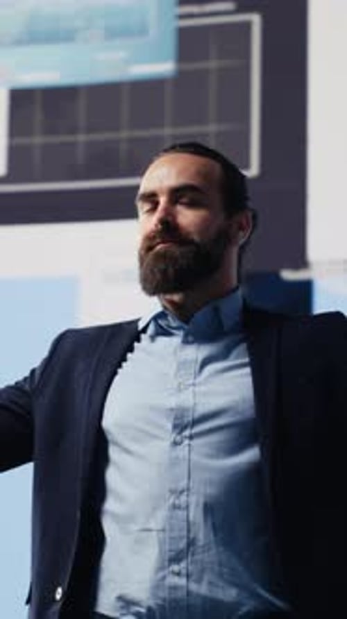Vertical Video Fearless Businessman Celebrates Success and Achievement for High End Career