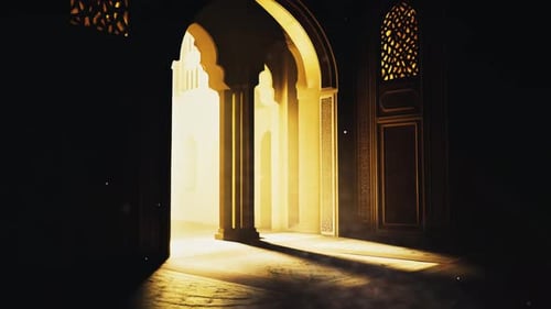 Fondo islámico del Ramadán, luz radiante que emana de un arco islámico