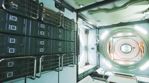 Interior View of a Space Station Showing Storage and Viewing Ports in Orbit