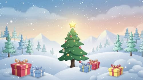 Animated Christmas Tree and Gifts With Falling Snow
