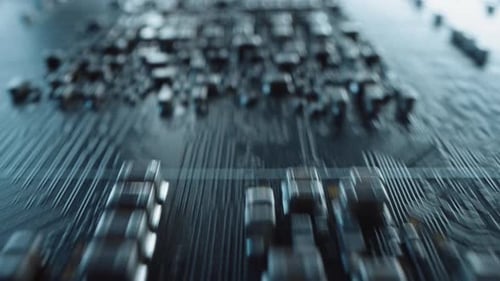 Macro Camera Moving Fast over Printed Circuit Board, showing Computer Motherboard Components: Trans