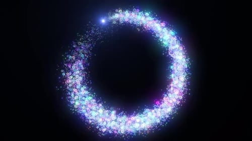 Glowing Particle Circle Moving On Black Background. Abstract Futuristic Circle Made With Glowing Par