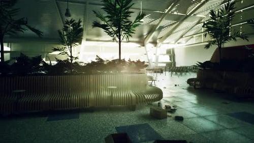 Abandoned Airport Terminal with Overgrown Plants and Scattered Debris at Dusk