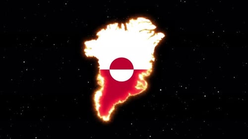 Burning Greenland Map Flag Outline with Starry Background
