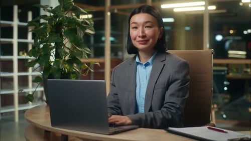 Asian Korean Chinese Japanese Woman Businesswoman Business Female Girl Working Typing Laptop Online