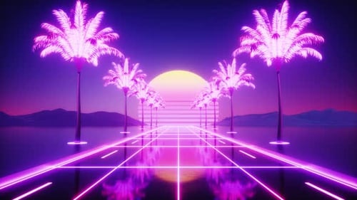 Synthwave Road With Glowing Palm Trees