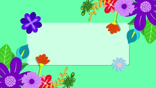 Beautiful floral cartoon animation spring with rectangle frame. With sea green background.
