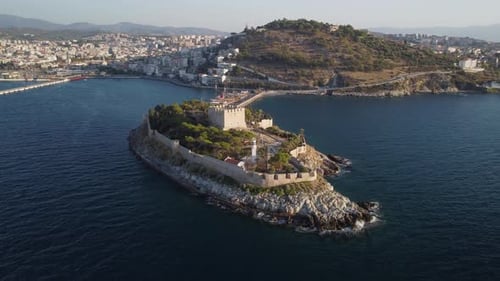Aerial view of scenic castle on Guvercinada Island at Kusadasi