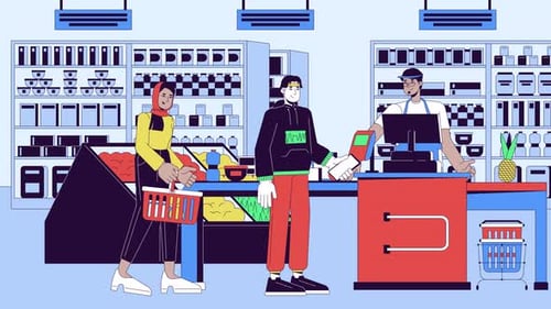 Wireless Paying at Grocery Line Cartoon Animation