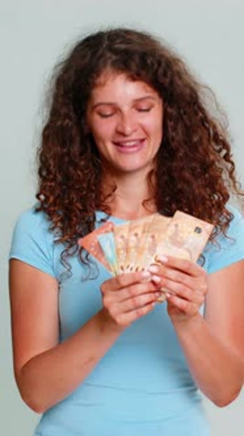 Happy Woman Counting Cash Euro Money Happily Satisfied Celebrating Salary Savings Financial Earnings