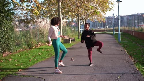 Two Young Women Exercising Together in a Park