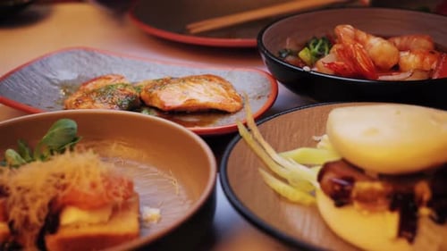 Grilled Salmon with Sauce Pesto Roasted Grilled Green Asparagus Shrimp Cooked in Sweet and Sour