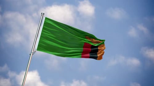 Zambia National Flag Waving in Blue Sky