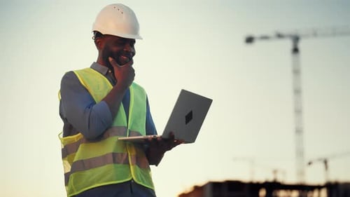 Foreman with Laptop in Construction Site Portrait of African American Man Happy Black Man Looking at