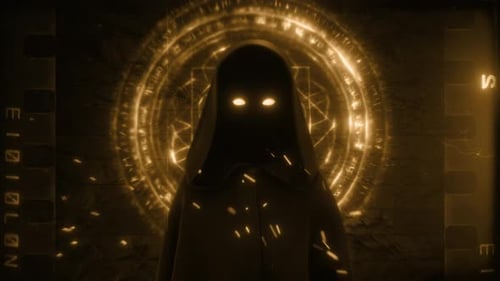 Eerie Hooded Figure with Glowing Eyes and Mystical Golden Symbols