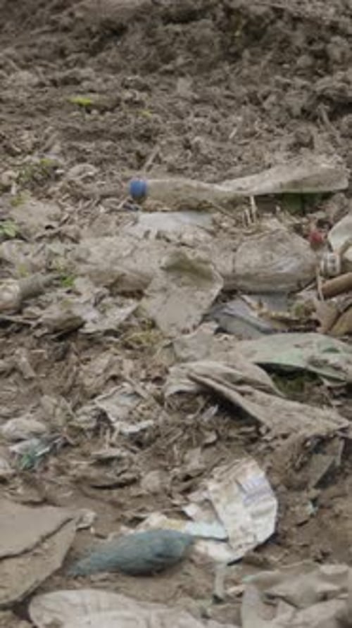 Plastic Waste And Garbage Littering Forest Floor Vertical Video