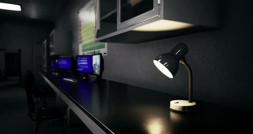Animated Desk Lamp Light Reveal in Dark Science Room