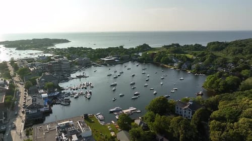 Aerial shot of boats safely moored in Cape Cod's Eel Pond.