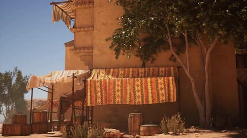 Vibrant Market Scene Bohemian Marketplace with Woven Baskets and Vendor Tools