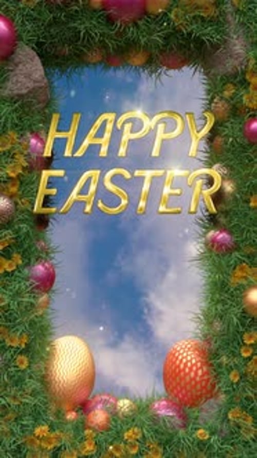 Frohe Ostern, Eier im Naturrahmen, im Gras und Blumen an sonnigen Tagen