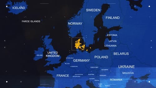 Denmark Map Black And Blue Breaking News Style