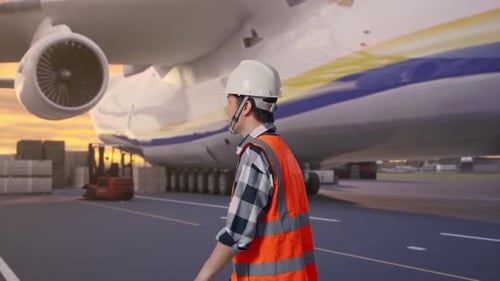 Asian Male Walking with Cargo Aircraft
