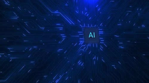 Futuristic AI Chip on Blue Digital Circuit Board Background Animation
