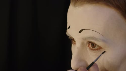 Mime Actress Doing Eye Makeup in Backstage Room