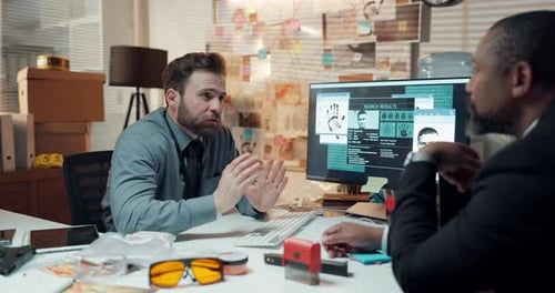 Police, discussion and men in station, computer or team with evidence, web