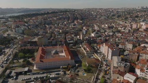 Aerial View of Square Shape Municipal Building with Mosque Inside Panoramic View of Urban Borough in