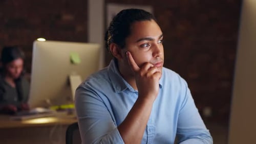 Night, computer or man reading news in office, working on email or content research project online