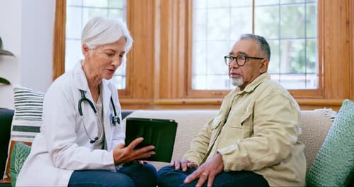 Doctor, patient and tablet in elderly care for health advice, results or retirement on sofa at home
