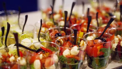 Catering Service on Banquet Table with Canape Snacks in Restaurant or Hotel Decorated Food Set on