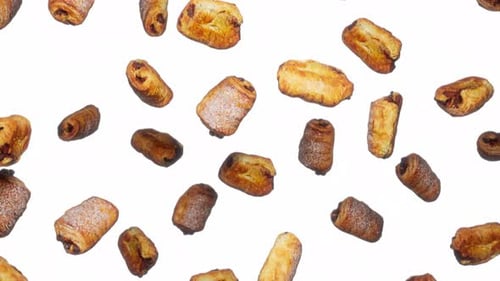 Seamless Floating Chocolate Croissants Rotating on White Background