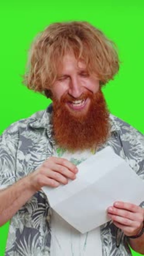 Happy Young Man Open Envelope Take Out Letter Reads Bank Loan Approve Great News Award Win