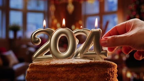 Tarta con velas de feliz año nuevo 2025 sobre fondo de pantalla verde Chroma Key