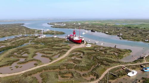 Lighthouse ship River Blackwater Estuary Tollesbury Essex UK Aerial Footage 4K